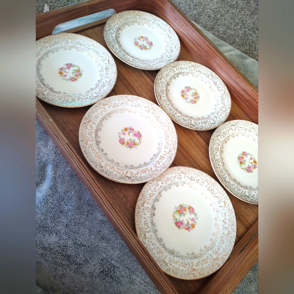 SET of 6 Vintage floral vanity fair 22 kt gold by Mary Dunbar dessert plates